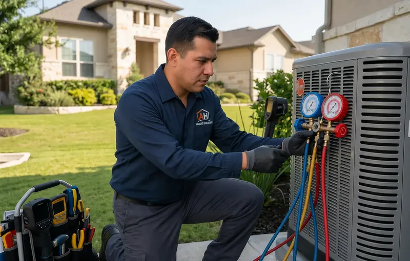 HVAC technician performing AC repair diagnostics