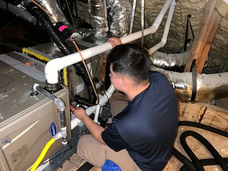 HVAC technician inspecting residential gas furnace