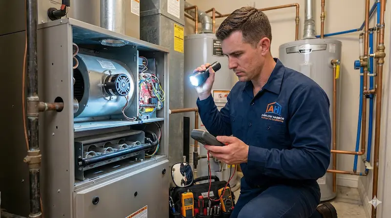 Technician diagnosing residential heating system