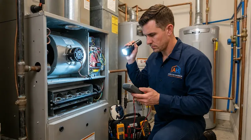Technician diagnosing residential heating system