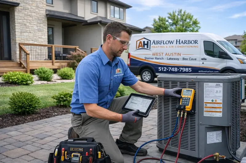 Technician diagnosing residential heat pump system