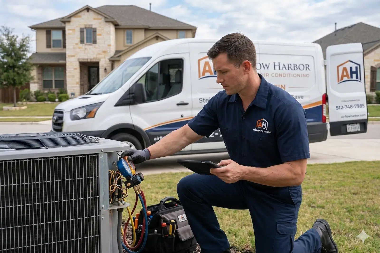 HVAC technician performing AC diagnostics on residential condenser unit