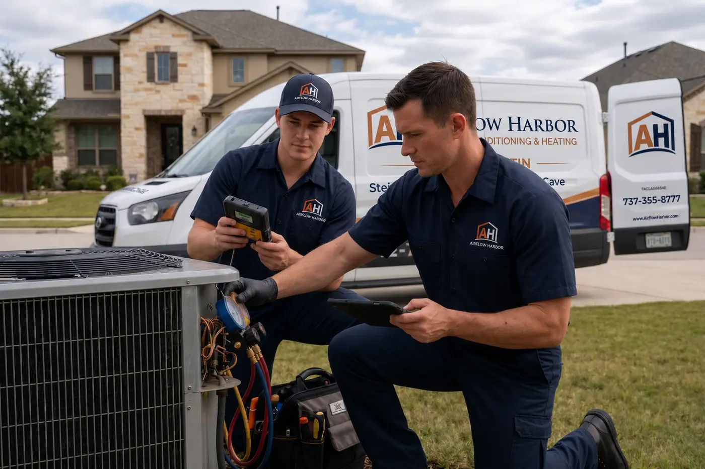 Airflow Harbor HVAC technicians performing AC diagnostics on a residential condenser unit