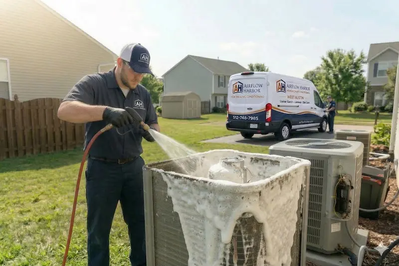 HVAC technician performing AC maintenance service