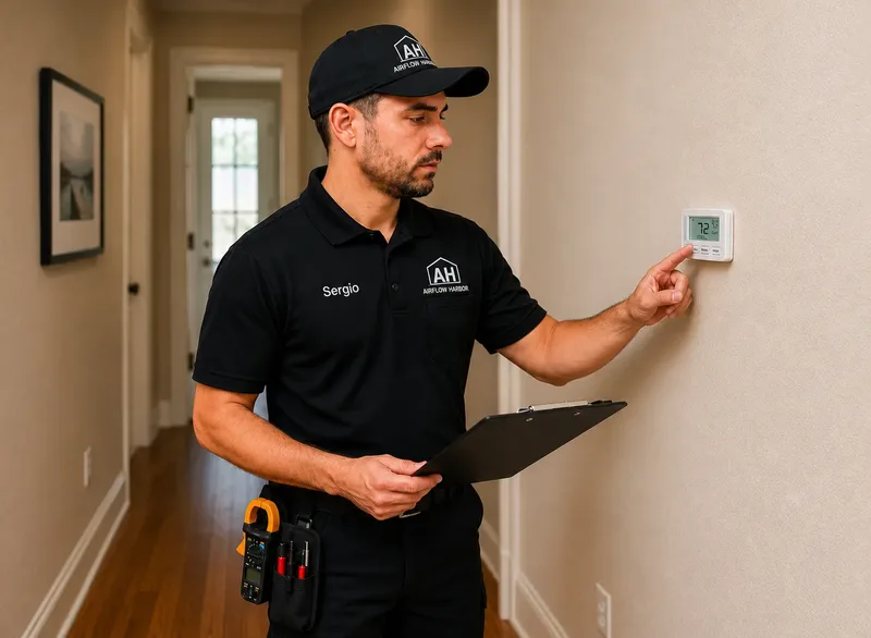 HVAC technician performing full system evaluation
